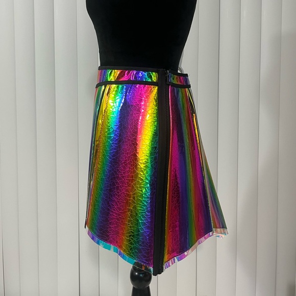 CLUB EXX Prismatic Empress Holographic Rainbow Snake Print Vinyl PVC Skirt XXL - Picture 2 of 9